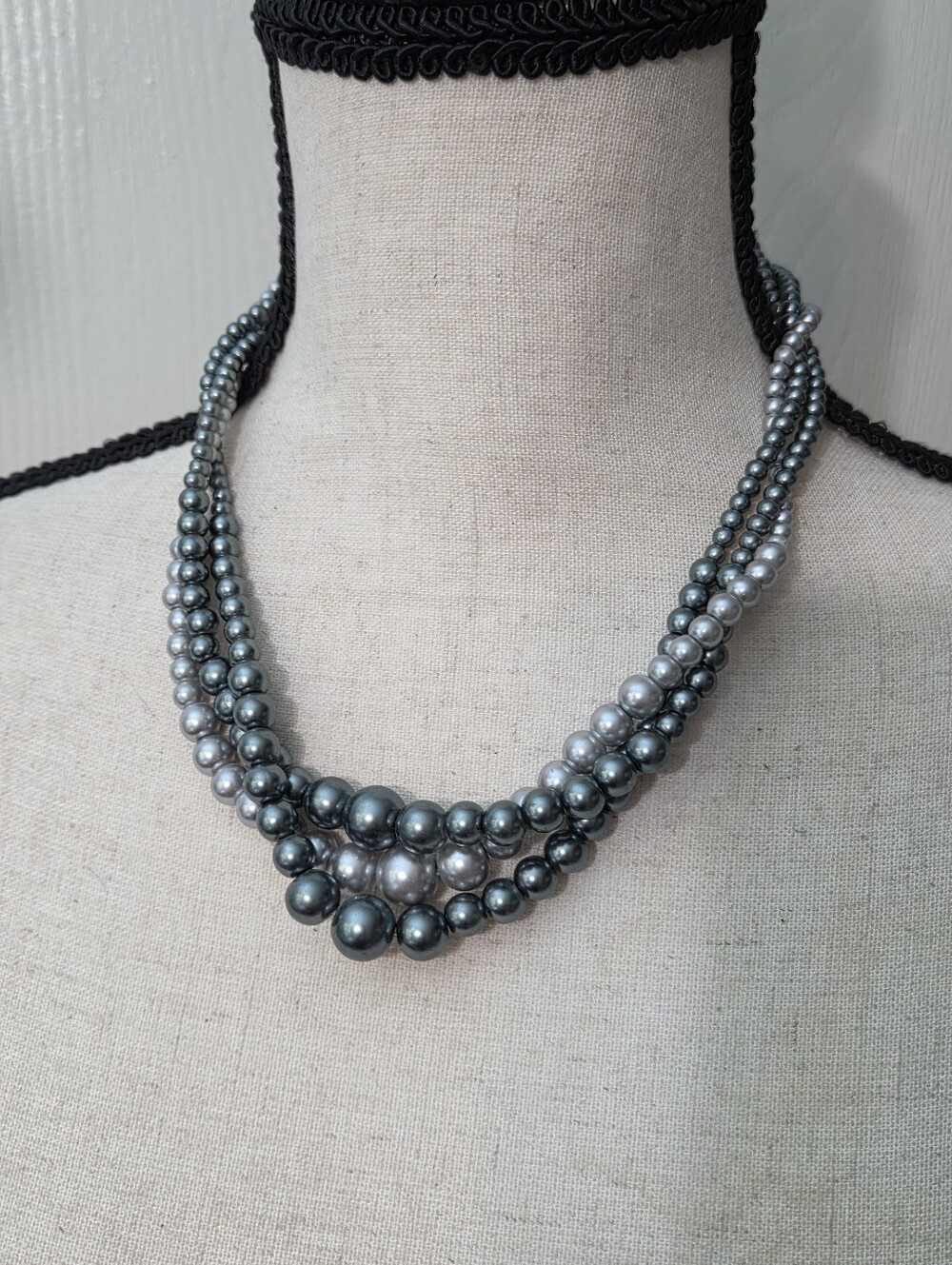 Triple Strand Gray silver faux Pearl Necklace